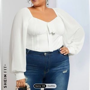 Shein Fit+ White Sheer Sleeve Faux Corset Crop Top